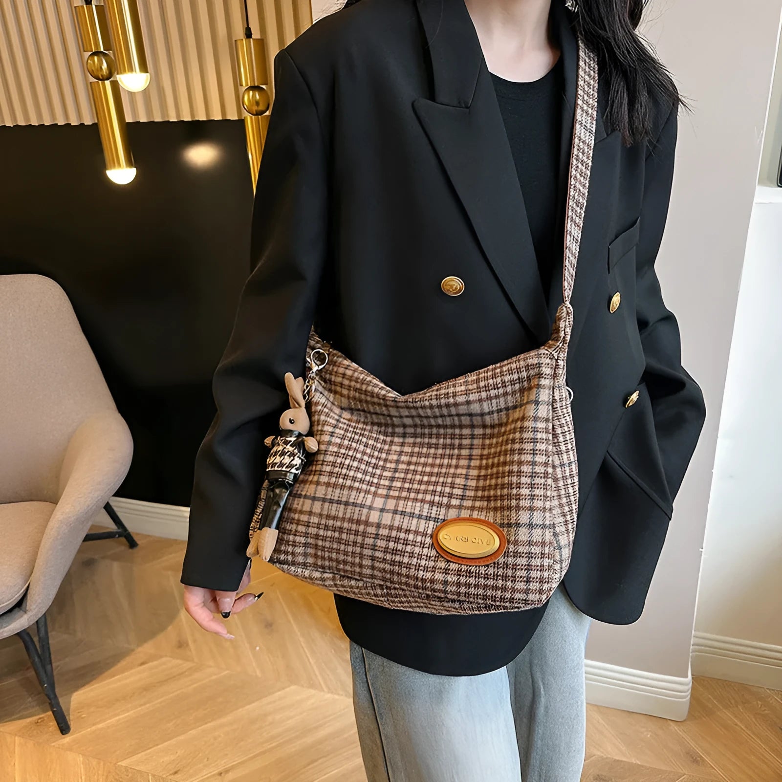 Women's large capacity woolen shoulder bag in horizontal square shape with crossbody strap