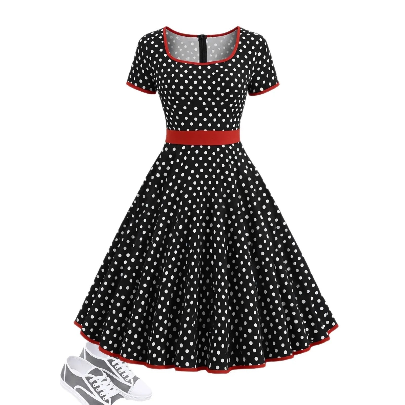 A women's polka dot pleated dress with a square collar and zip closure.
