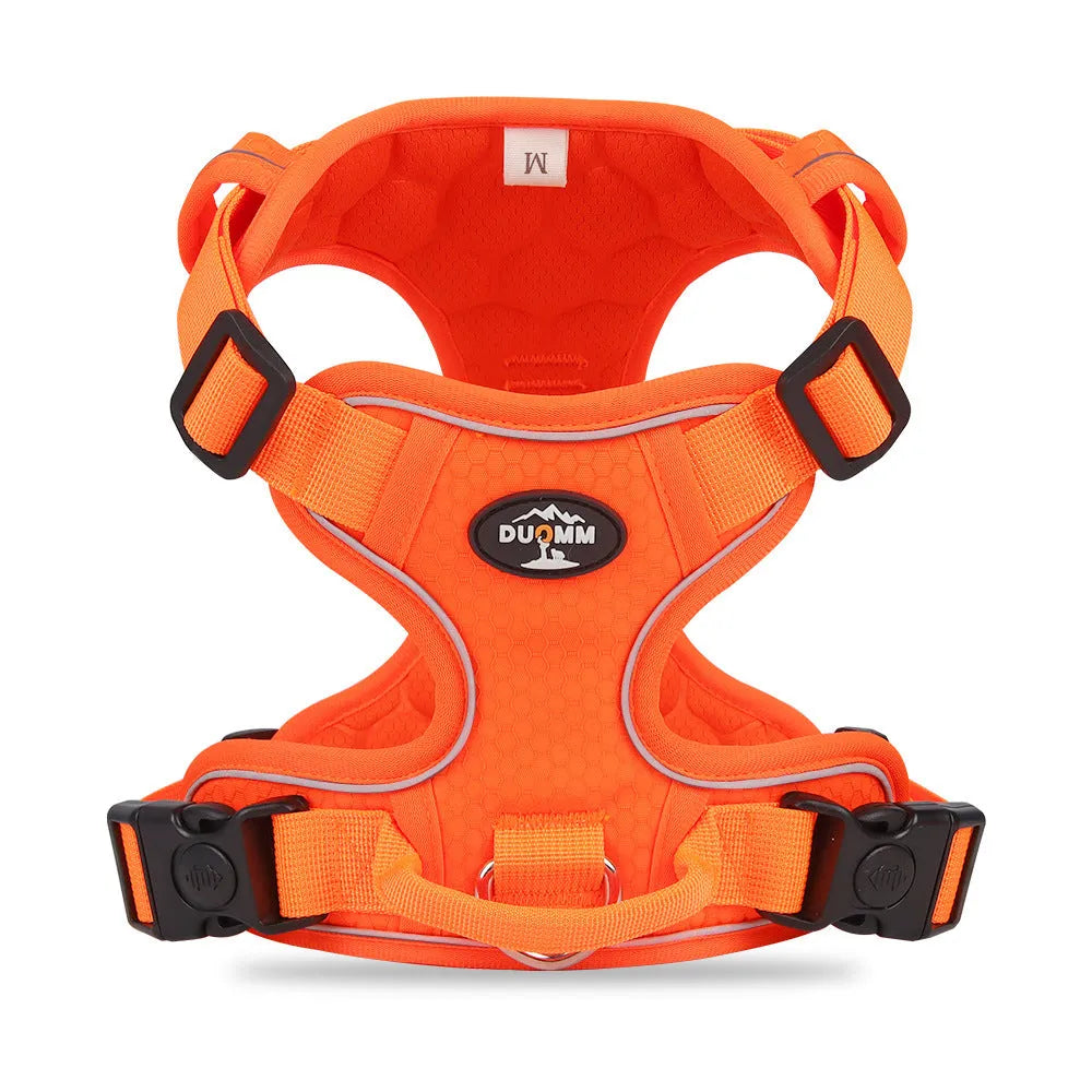Reflective dog harness vest in orange with handle and round rope, Oxford cloth construction