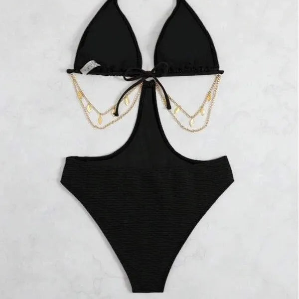 Women's black bikini swimsuit with chain strap detail on a mannequin, showing front view.