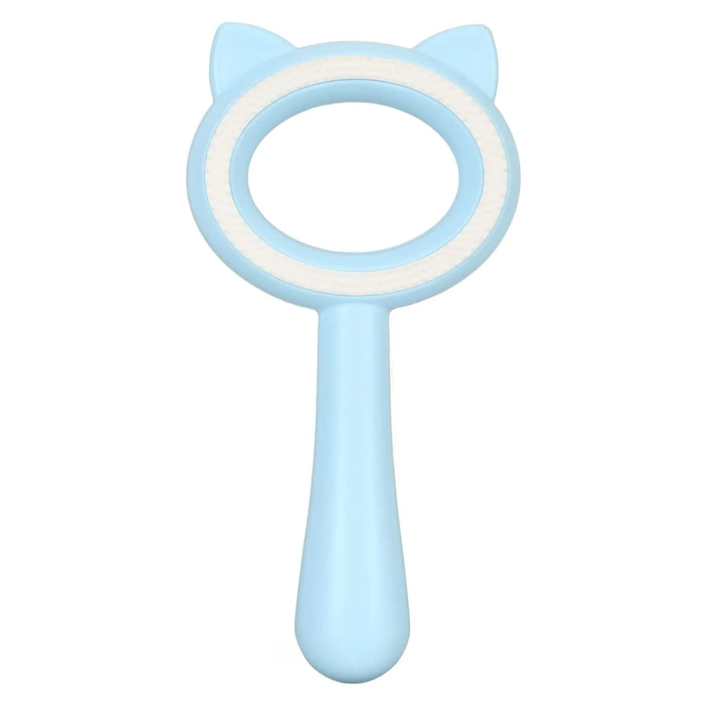Blue and white double-sided pet grooming brush with ergonomic handle and quick clean-up button