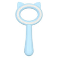 Blue and white double-sided pet grooming brush with ergonomic handle and quick clean-up button