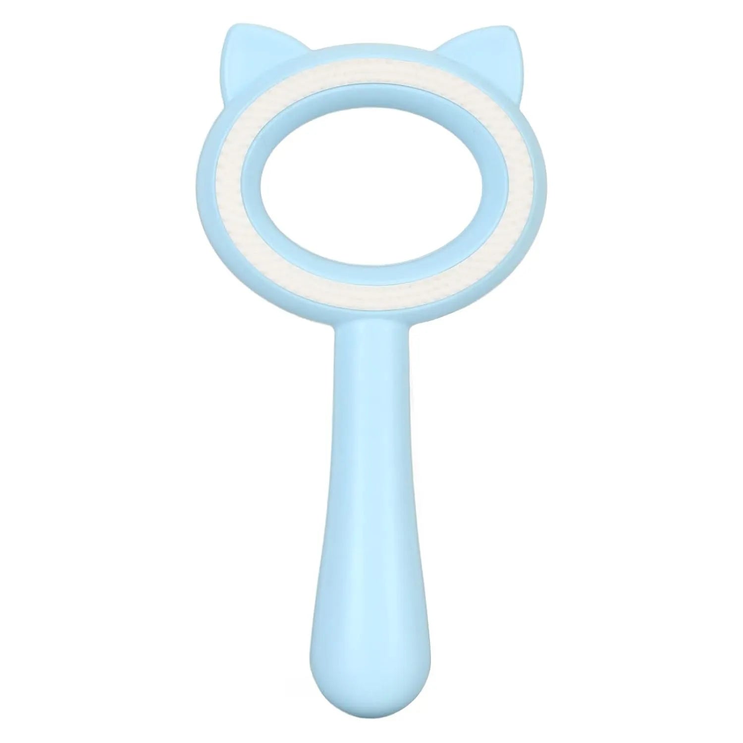Blue and white double-sided pet grooming brush with ergonomic handle and quick clean-up button