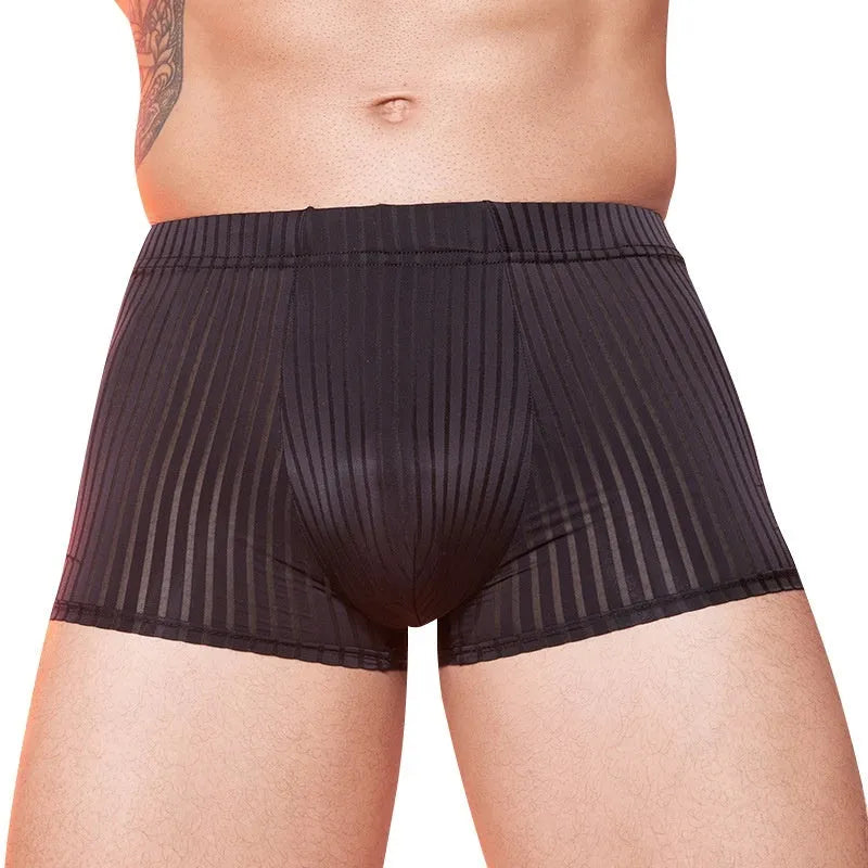Men's thin striped nylon underwear in black, white, and dark grey colours.