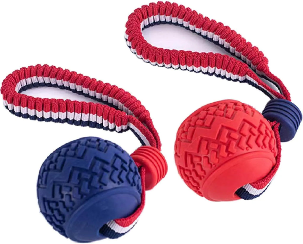 Blue and red natural rubber dog ball with rope handle toy for medium and small dogs