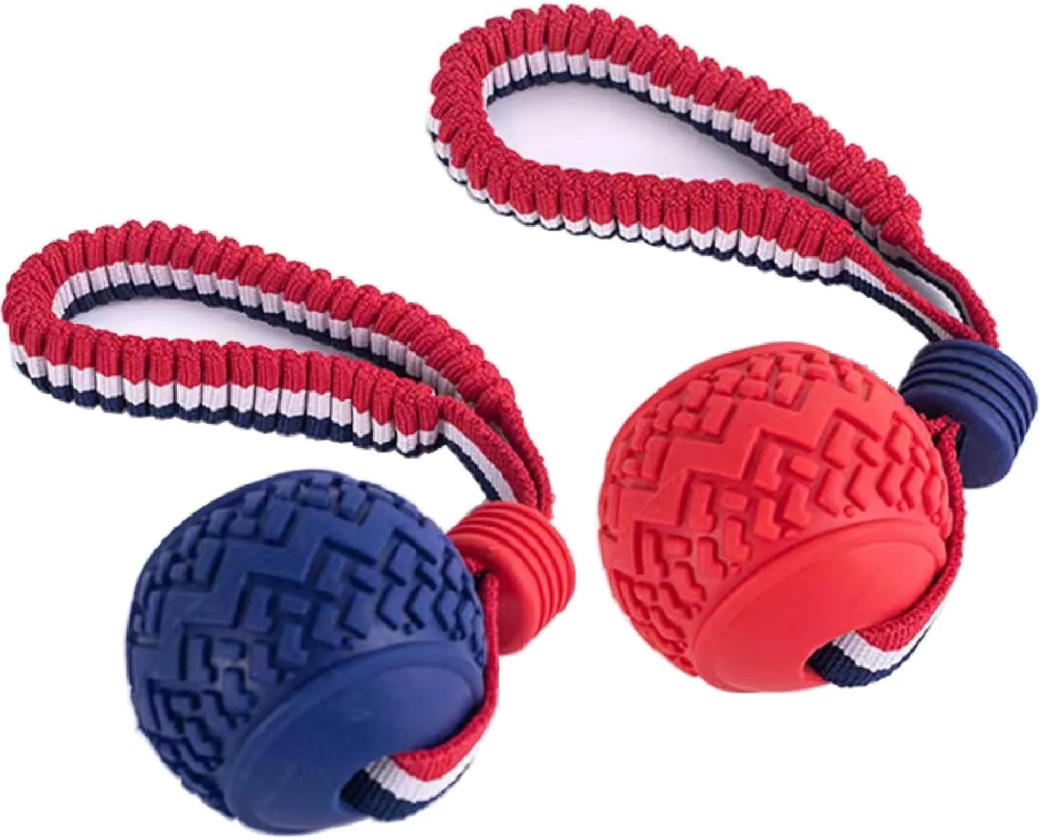 Blue and red natural rubber dog ball with rope handle toy for medium and small dogs