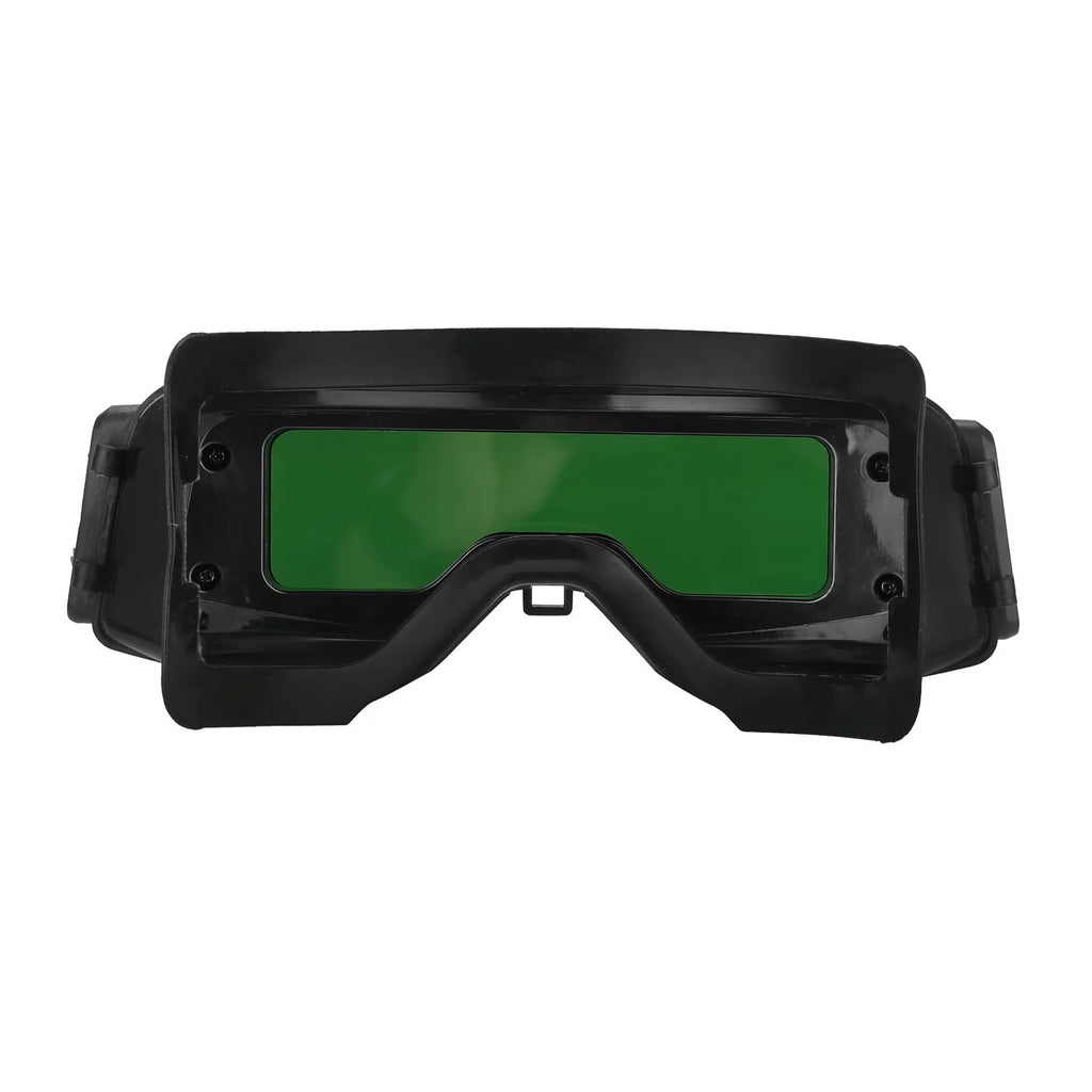 Black automatic darkening welding mask glasses showing large rectangular viewing lens.