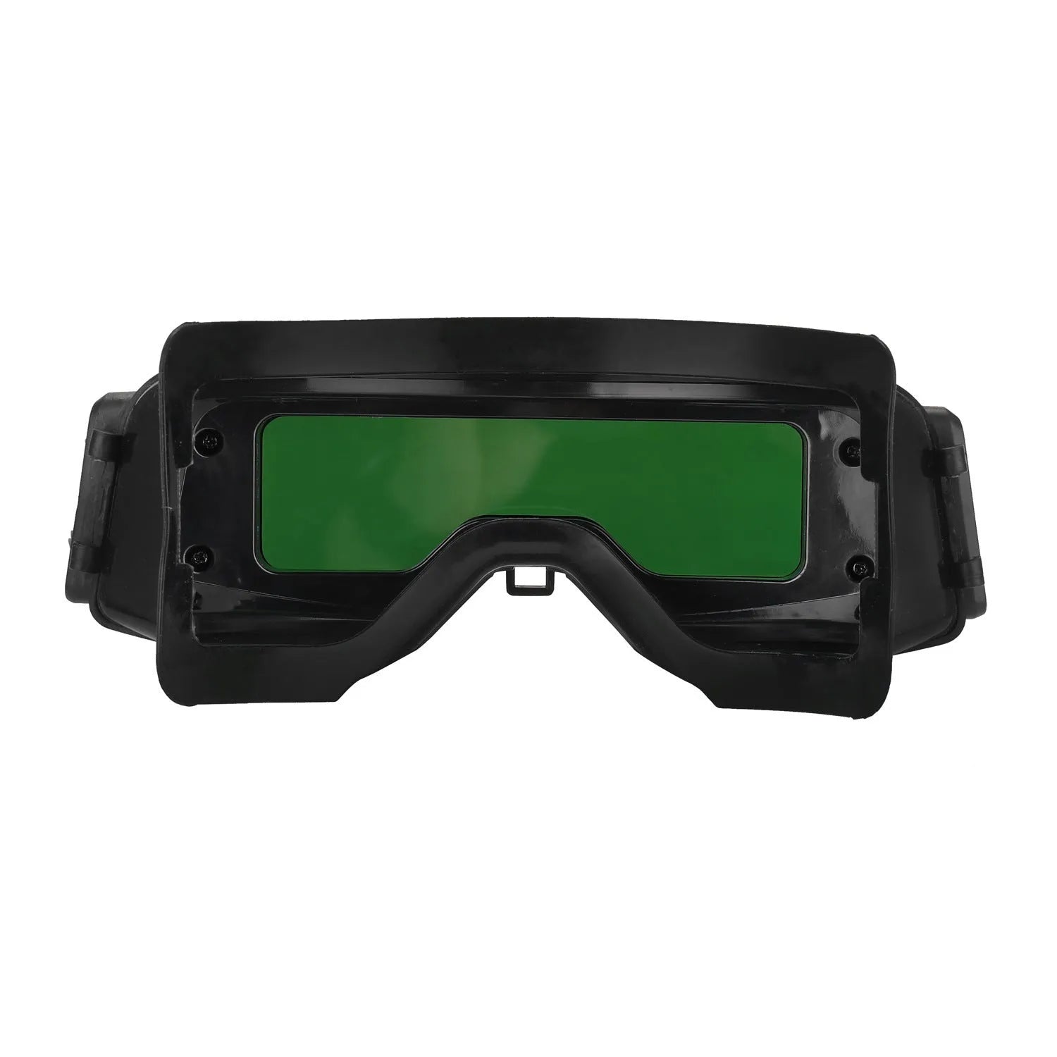 Black automatic darkening welding mask glasses showing large rectangular viewing lens.