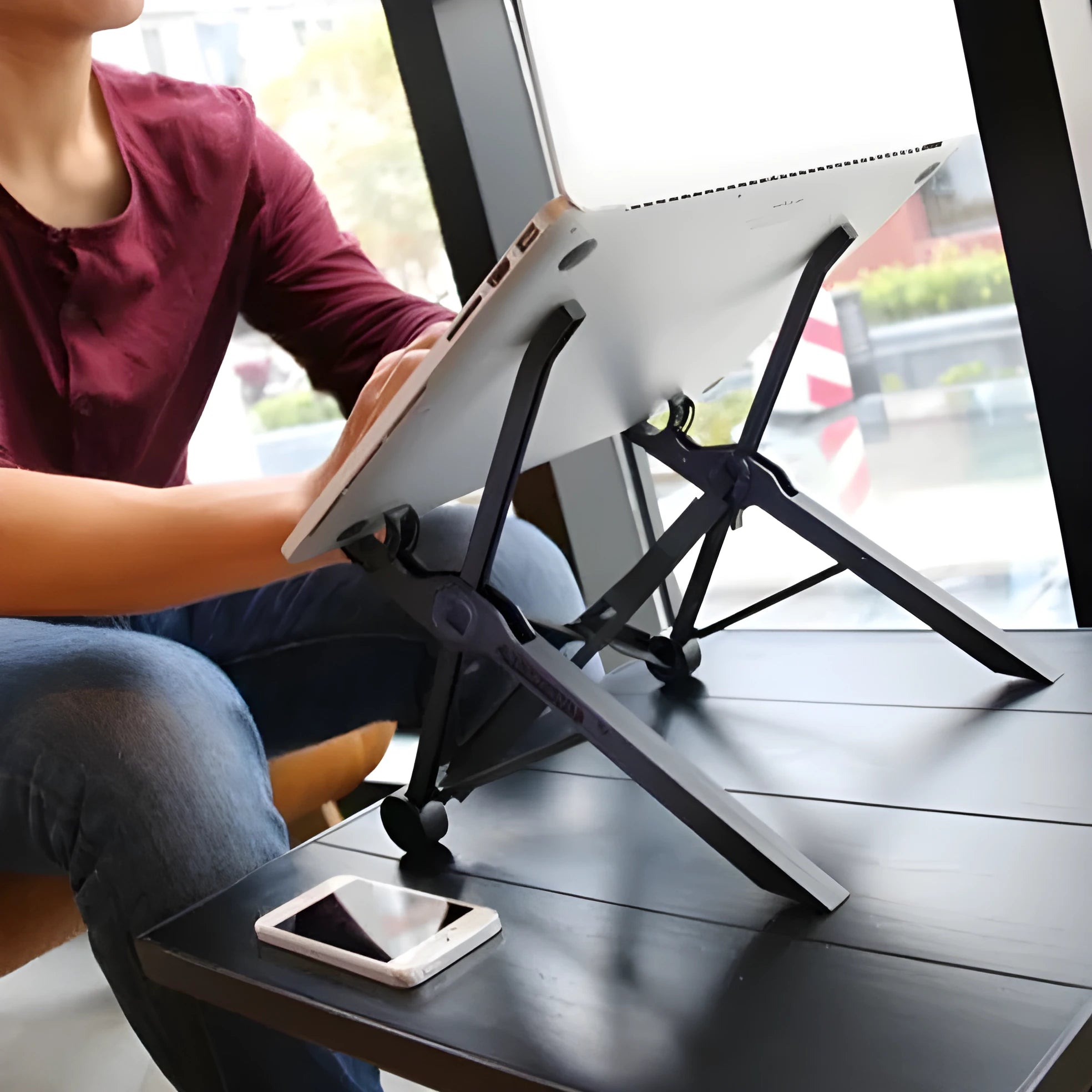 Portable folding laptop stand in sagacious black showing compact 40cm folded size with carrying case