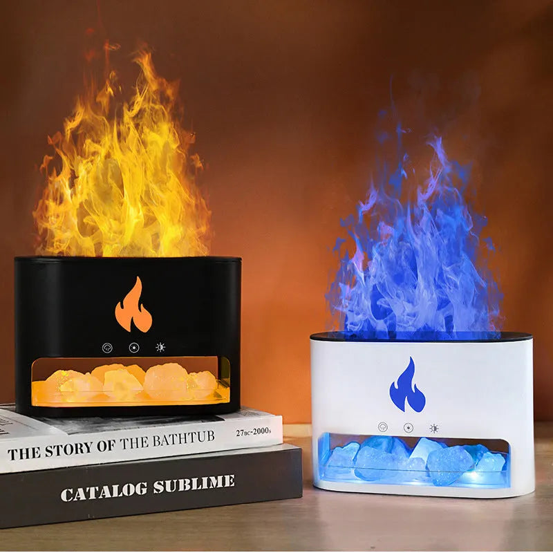 Square white desktop humidifier with colourful flame lighting effect and USB cable
