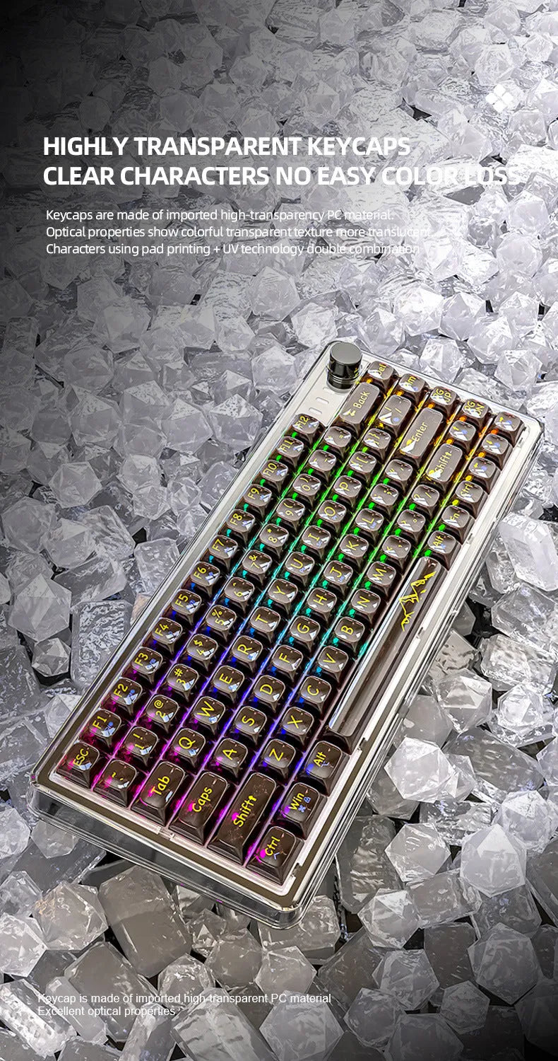 Attack Shark K75 wireless mechanical keyboard with transparent black case showing internal components and RGB lighting