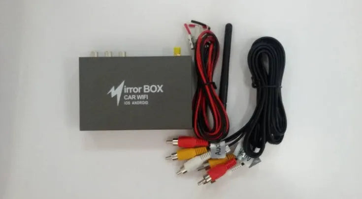 Black car Wi-Fi mirror box with antenna, power cable, and AV cable for smartphone to car screen display