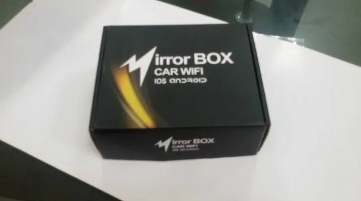 Black car Wi-Fi mirror box with antenna, power cable, and AV cable for smartphone to car screen display