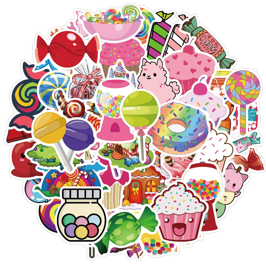 Candy series graffiti sticker pack with 50 colourful sheets showing cartoon patterns
