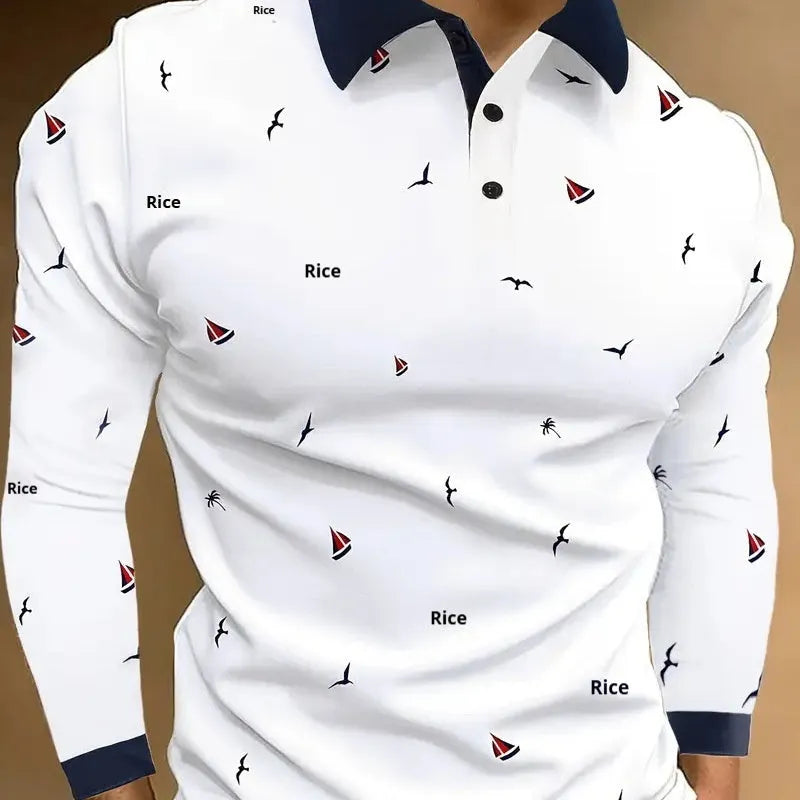 Men's long sleeve retro button design loose top in polyester blend fabric