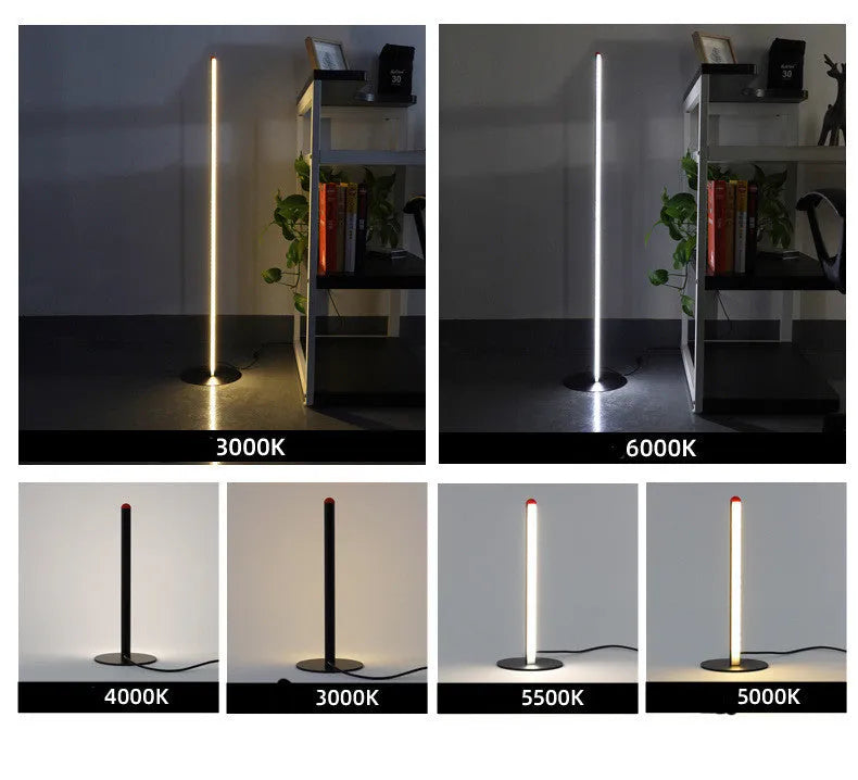 Tall, slim aluminium alloy vertical floor lamp with a simple design and LED light.