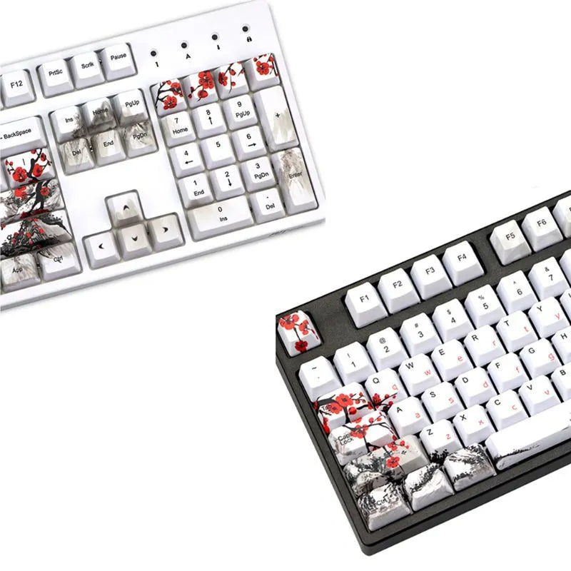 PBT Wangjiang plum blossom themed keycap set for mechanical keyboards, showing Korean and Japanese legend options.
