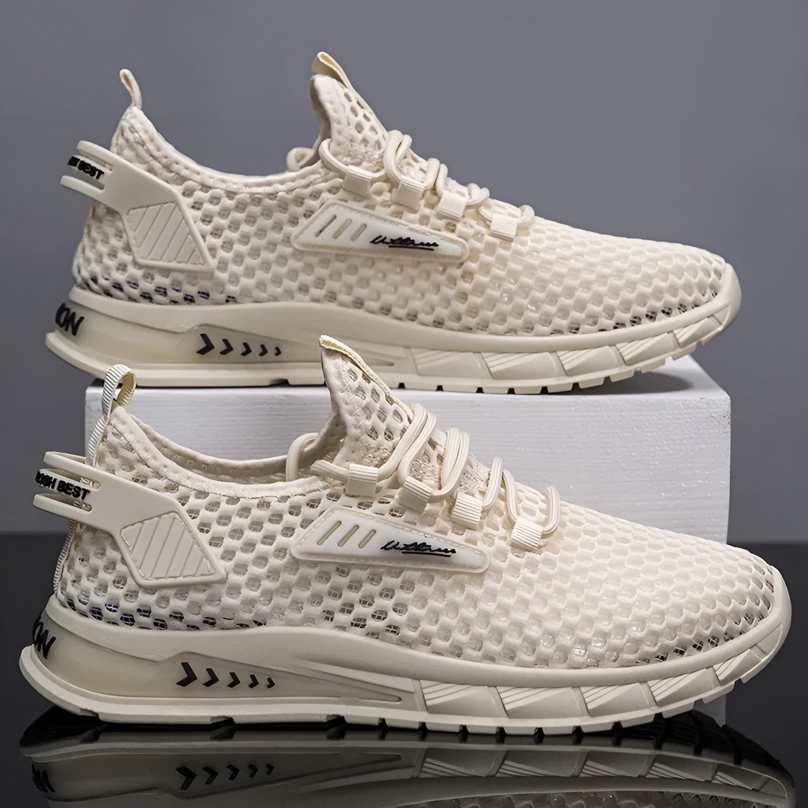 Men's beige mesh sneakers with lace-up design and low EVA sole