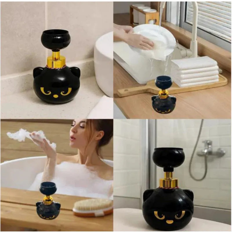Black cartoon cat-shaped plastic foam soap dispenser measuring 10cm wide by 18cm tall