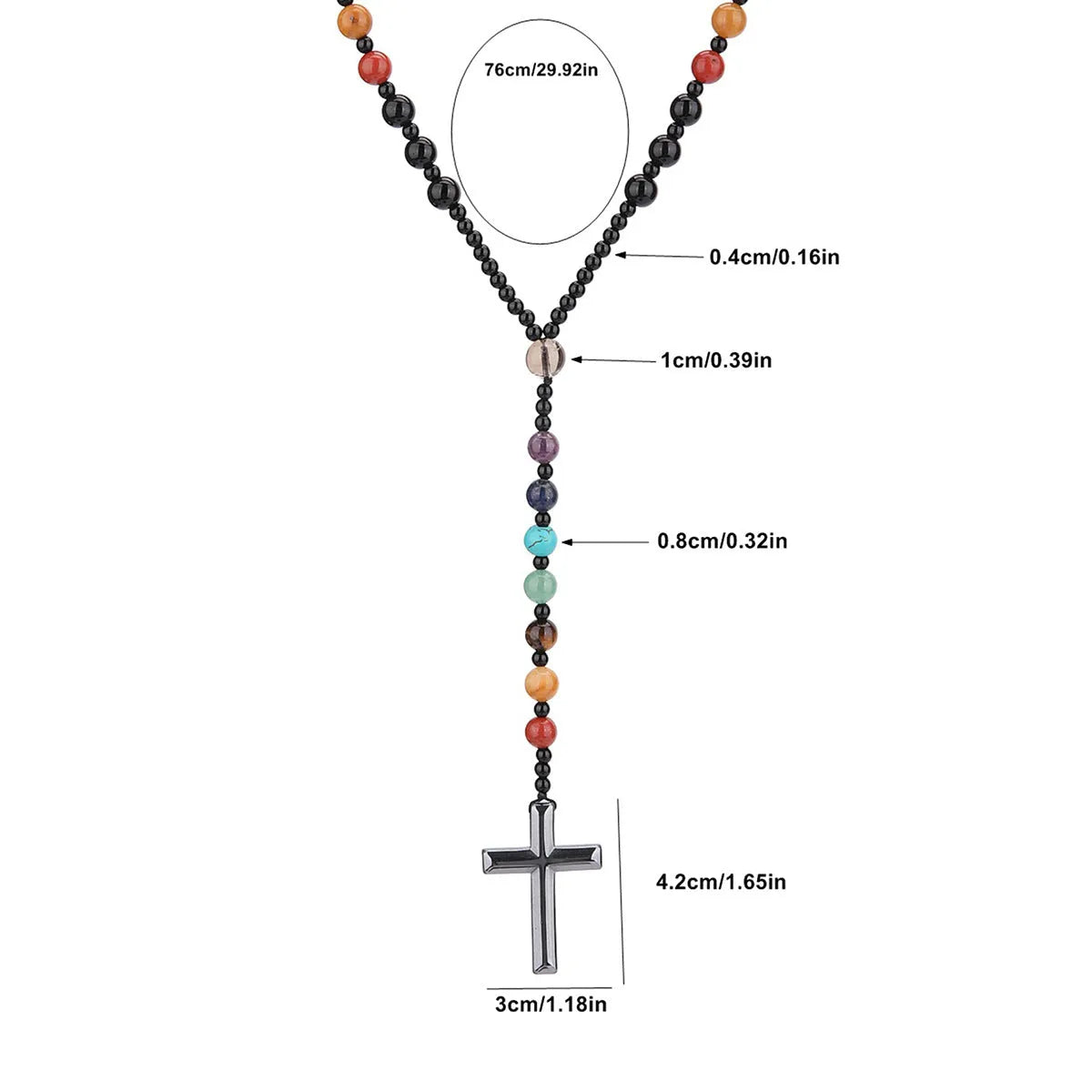 Handmade multicolor natural stone cross necklace with mixed gemstone inlay pendant on beaded chain