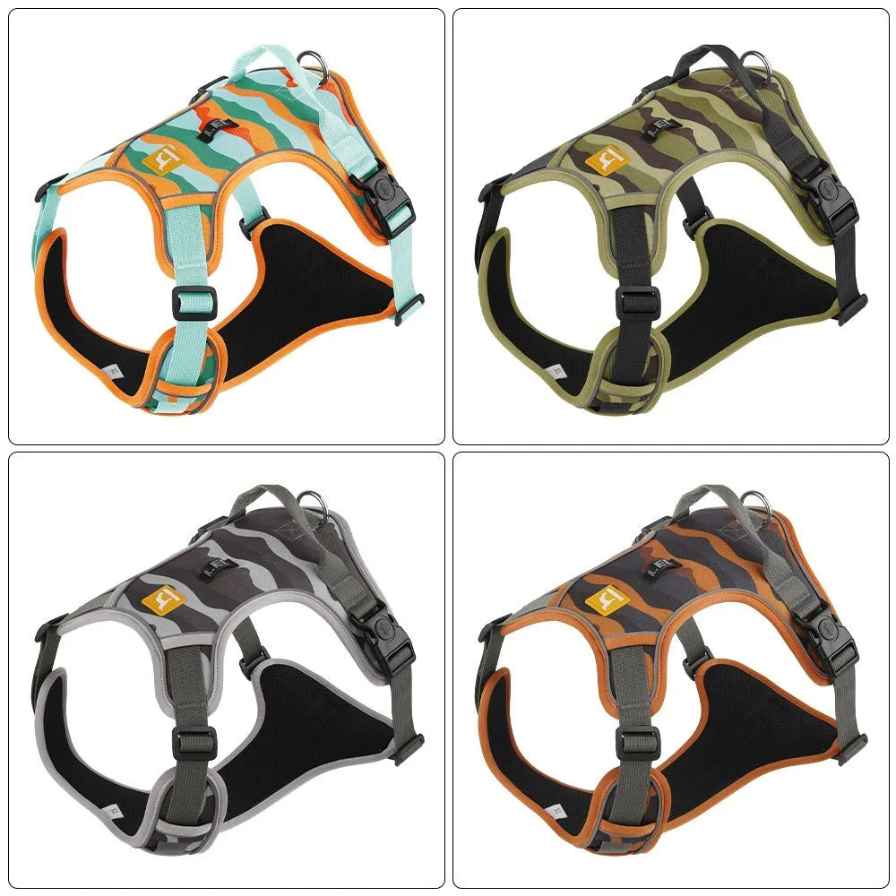 Orange dog harness with reflective strips and an integrated hand-holding rope on a dog's chest and back.