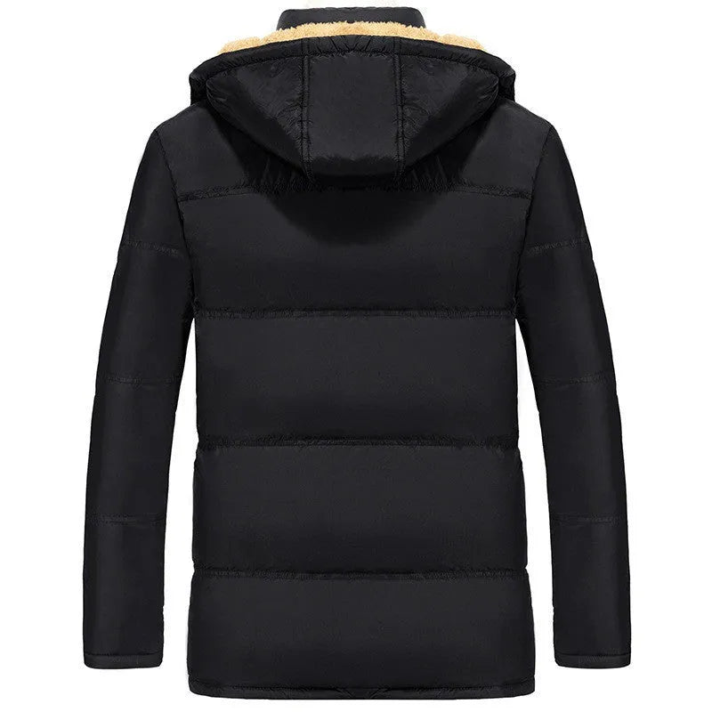 Men's black velvet padded winter jacket with hood and double breasted front closure