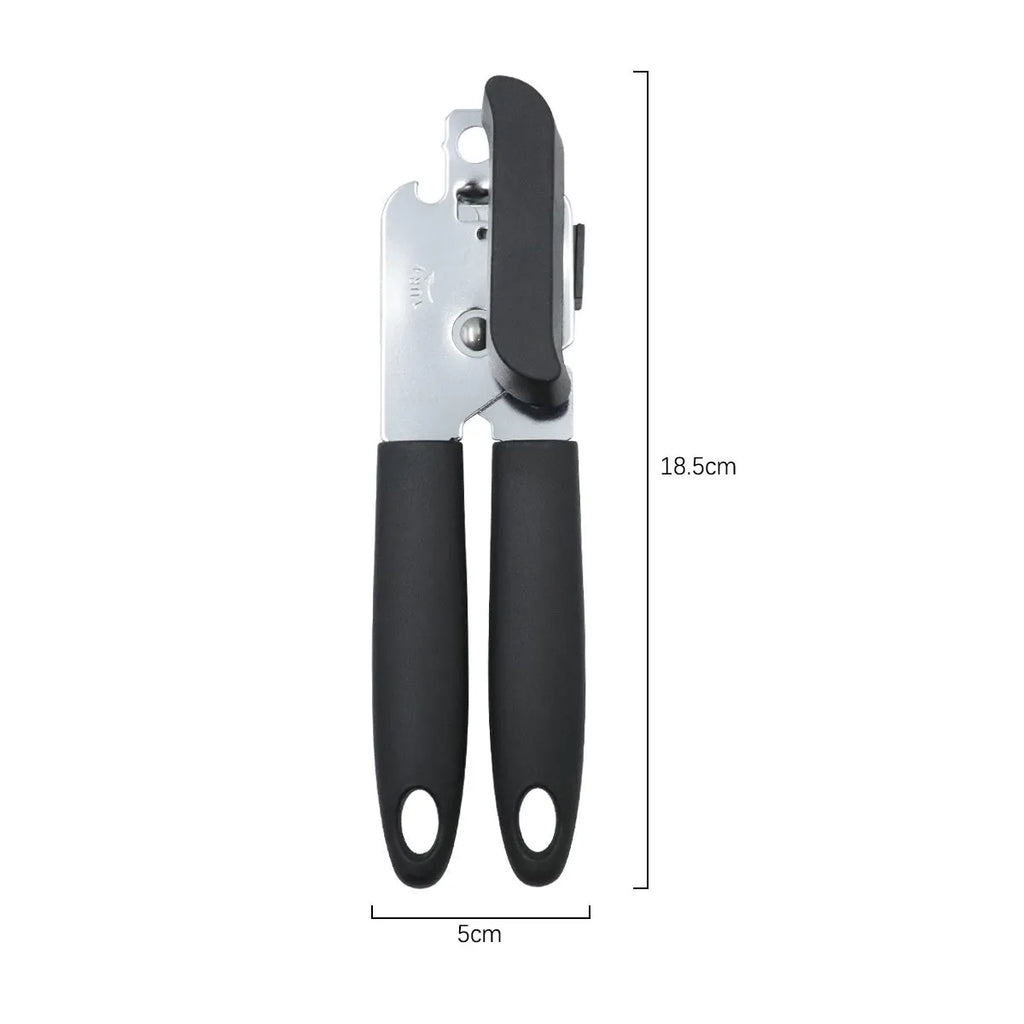 Black manual can opener and bottle opener with PP handle, 18.5cm length