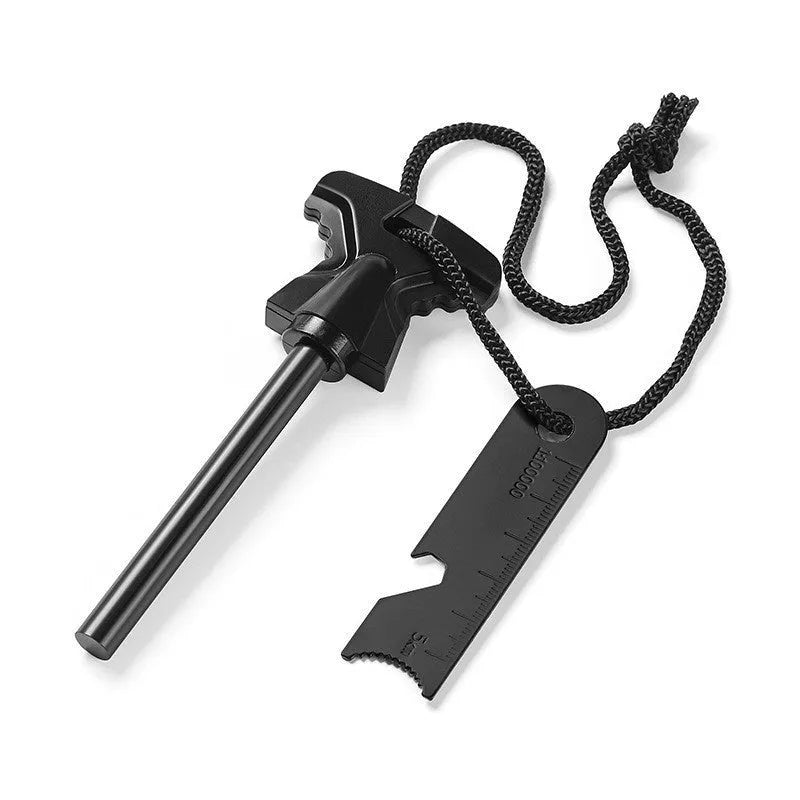 Butterfly-shaped stainless steel fire starter survival tool with bottle opener.