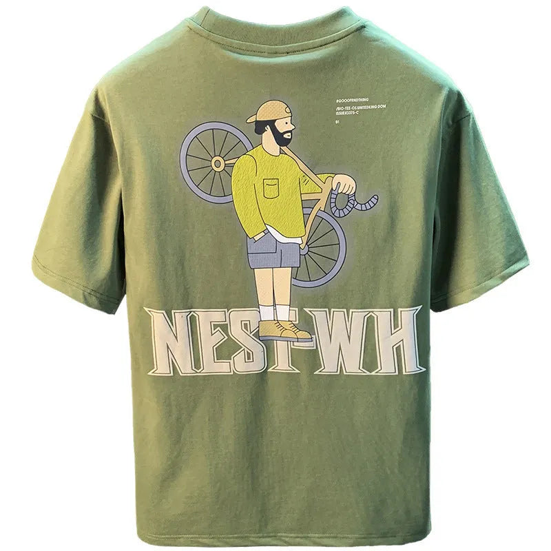 Green men's loose fit t-shirt with a literary design print on the front.
