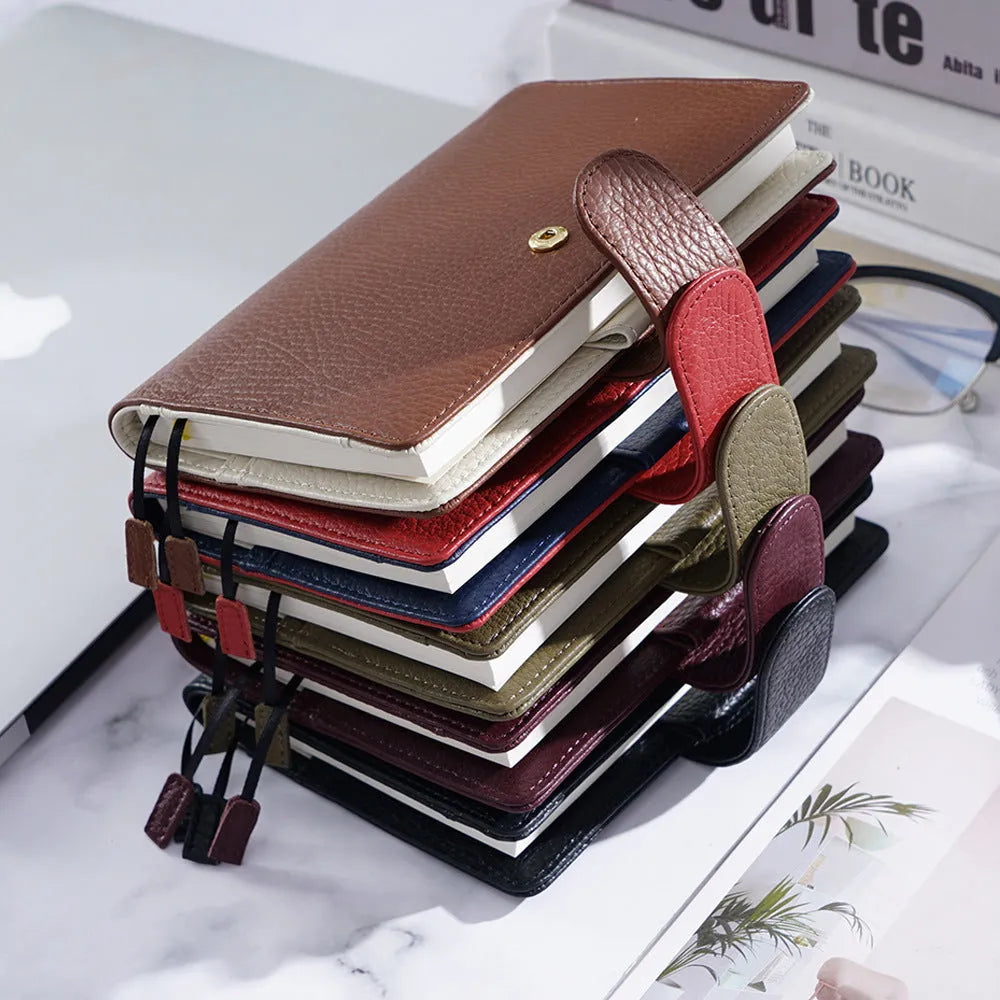 Lychee pattern cowhide leather notebook in A6 size with loose-leaf binding