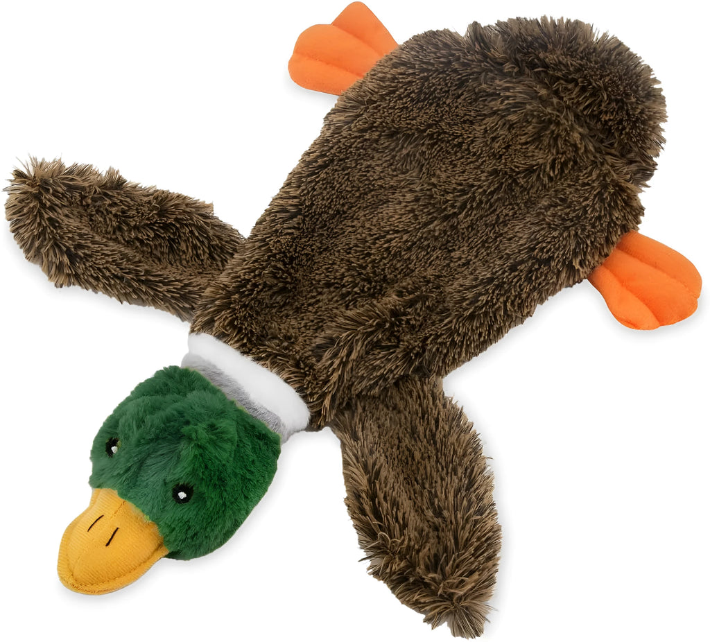 Green soft plush wild duck dog toy with no stuffing and a bottom fastener.