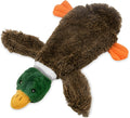 Green soft plush wild duck dog toy with no stuffing and a bottom fastener.