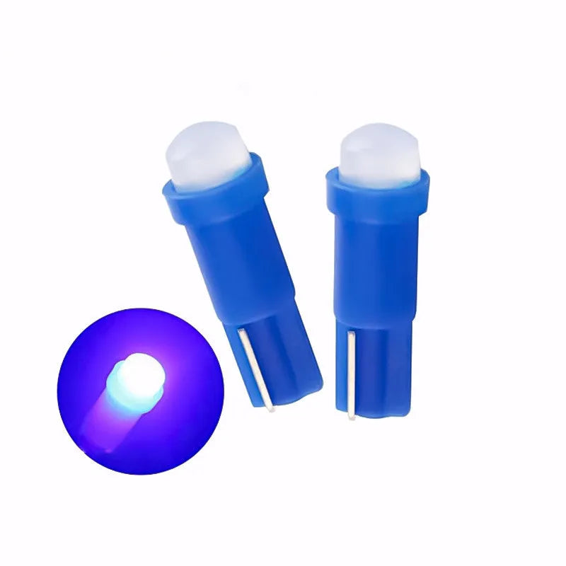 T5 LED car instrument light bulb with ceramic base, shown in blue colour option.