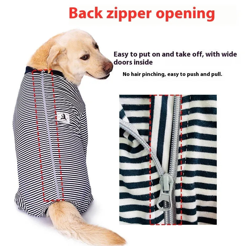 Thin striped polyester dog shirt for golden retrievers and labradors in four-legged design
