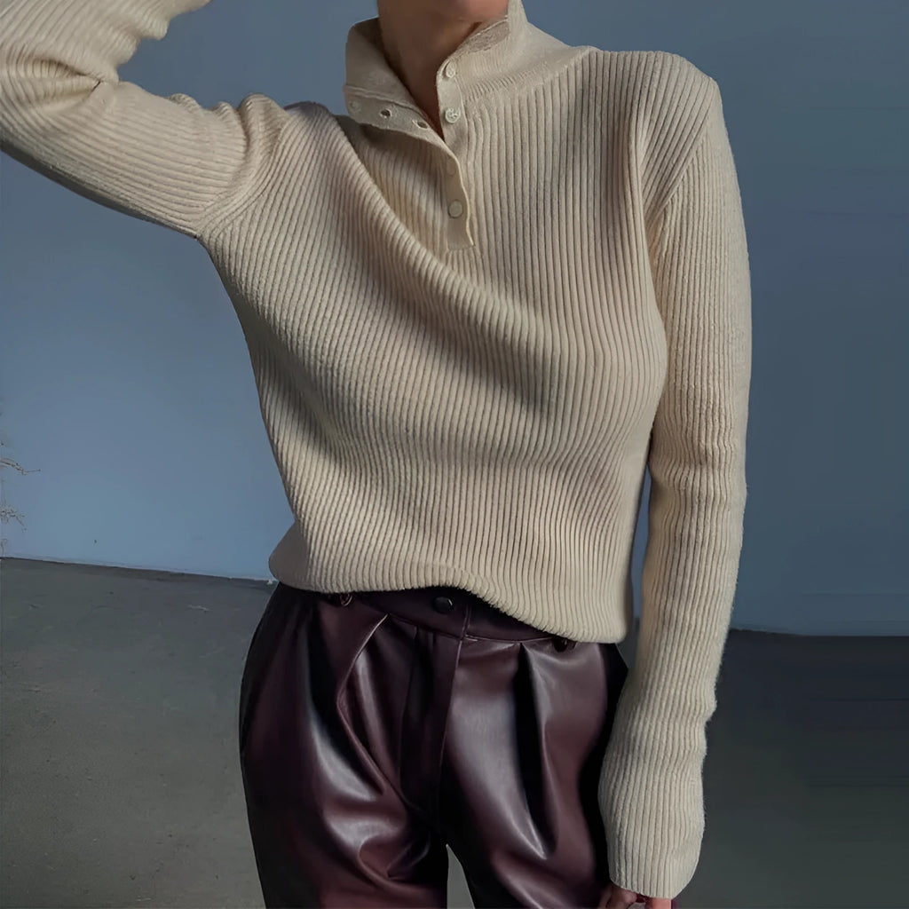 Women's retro half turtleneck pullover sweater with single-breasted placket in cotton-spandex blend fabric