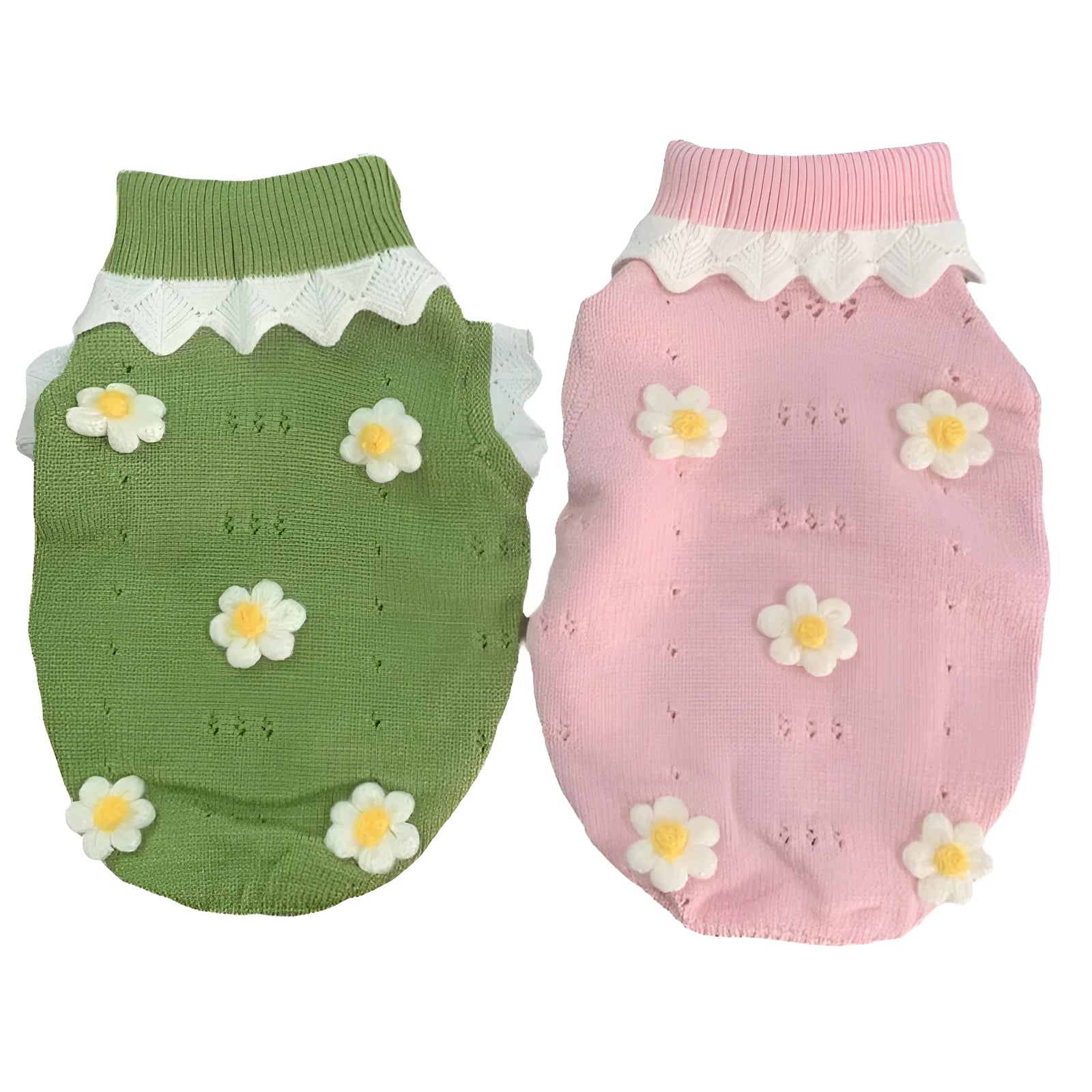 Green knitted sleeveless dog sweater vest with flower pattern on a small dog.
