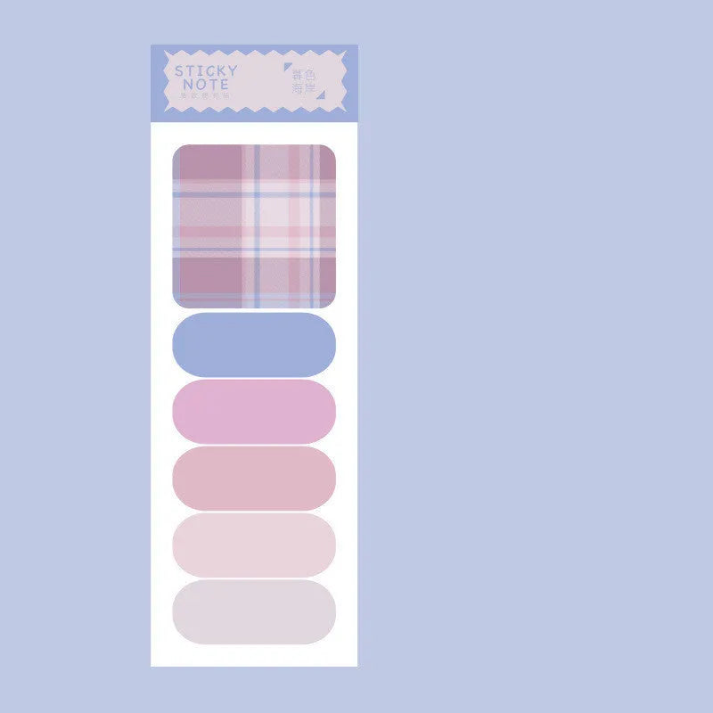 Set of six colourful plaid design memo pads with sticky notes, showing the 67mm by 200mm size.
