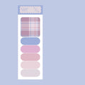 Set of six colourful plaid design memo pads with sticky notes, showing the 67mm by 200mm size.