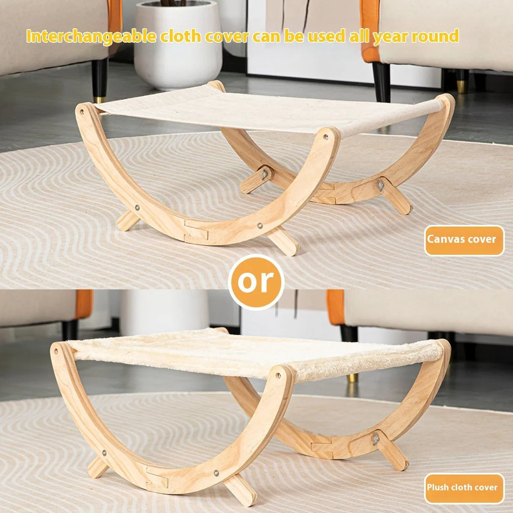 Solid wood cat hammock bed with brown frame and fabric surface