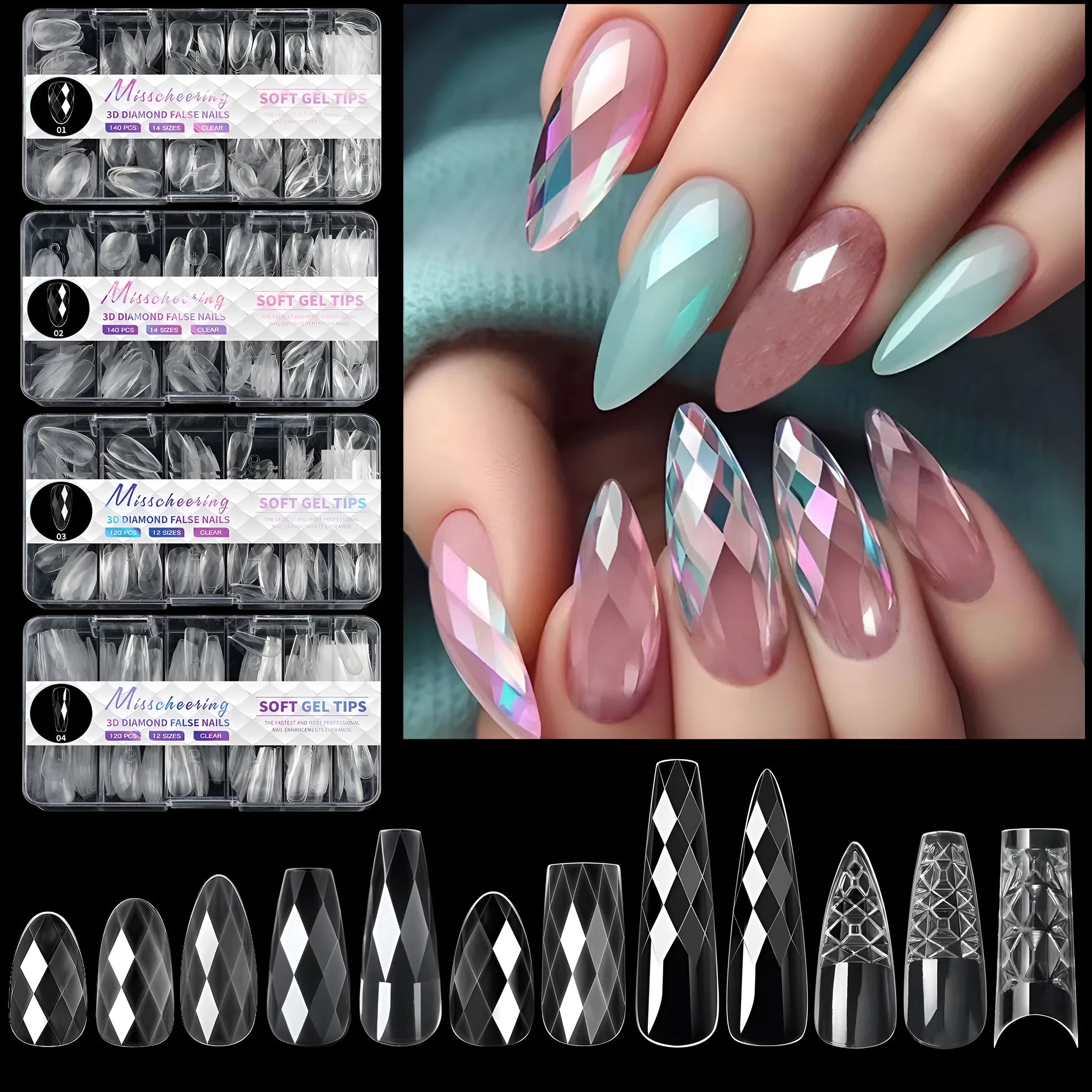 3D diamond texture long false nails in assorted colours, 120-140 pieces per pack