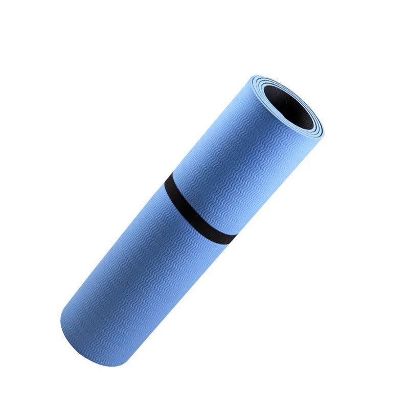 Blue conductive grounding yoga mat with plant pattern and integrated wire, measuring 182cm long.