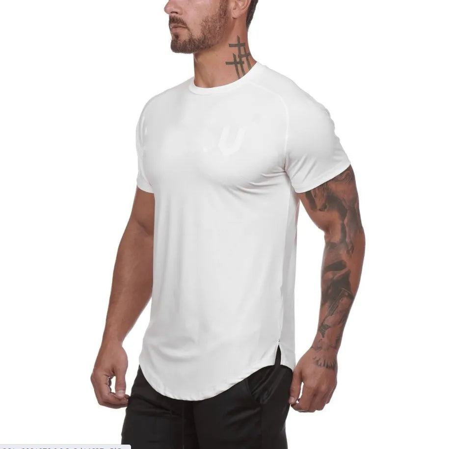 Men's plain custom gym shirt in cotton-spandex blend showing colour and letter print options.