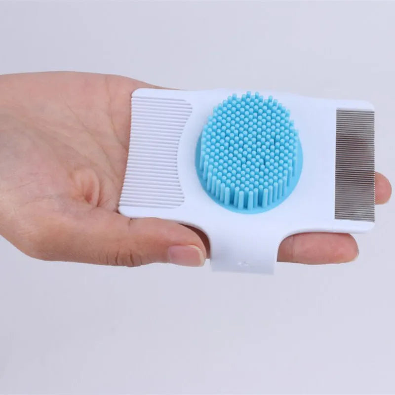Blue and green 8.5cm dog grooming comb with floating hair removal and massage bristles