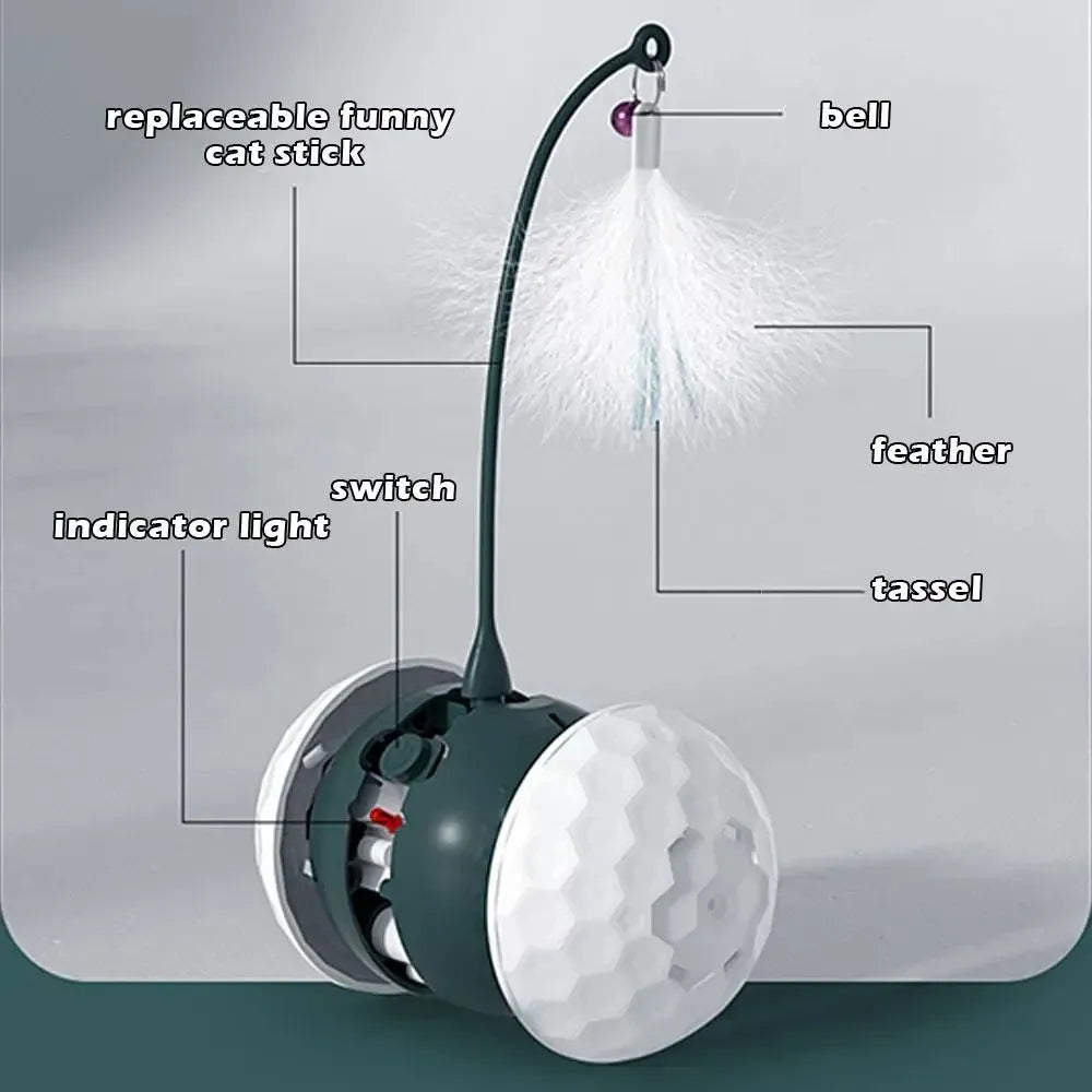 Self-moving cat teaser stick with feather and hemp rope attachments on a red base with USB charging cable
