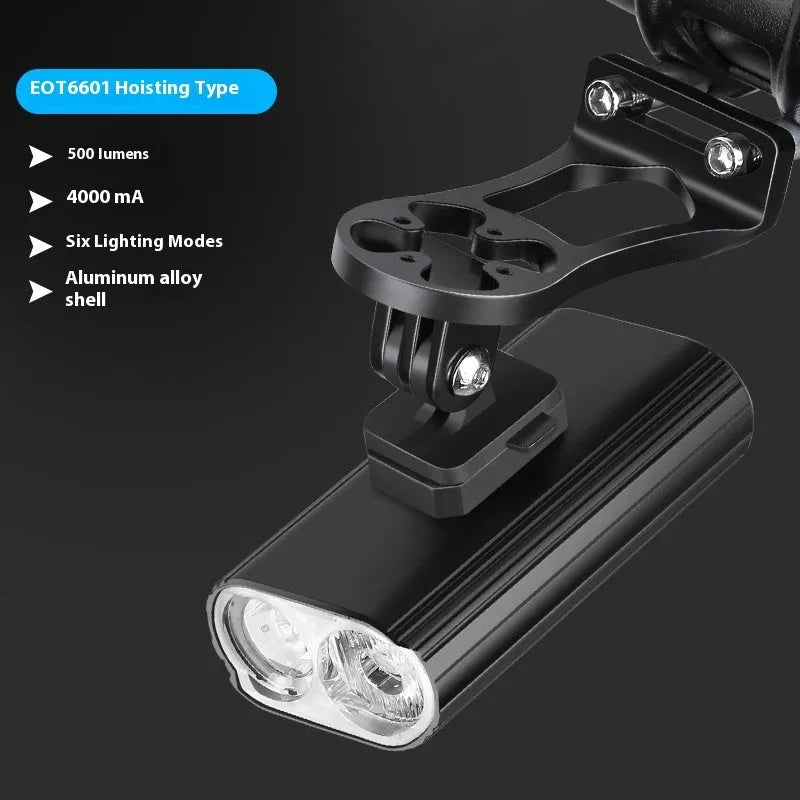 Aluminium alloy bicycle headlight with USB Type-C charging port, shown with quick-release handlebar mount.
