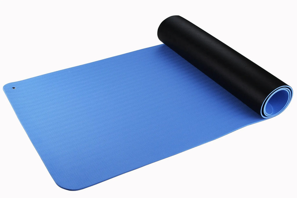 Blue conductive grounding yoga mat with plant pattern and integrated wire, measuring 182cm long.