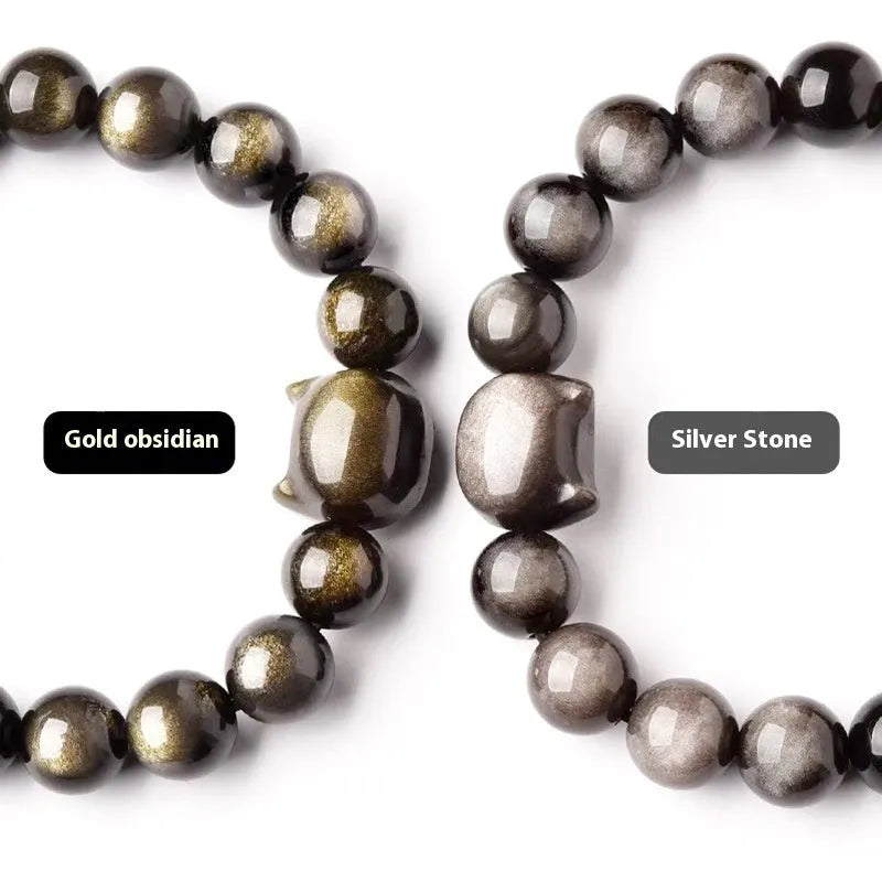 Obsidian cat head bracelet with round stone beads in gold or silver style