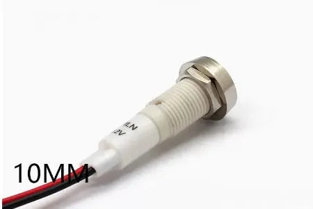 10mm plastic indicator light with stainless steel edge bezel and wire connector in one of five colours.