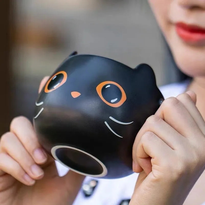 Black ceramic cat shape mug with pumpkin spoon couple decoration and 355ml capacity