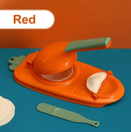 Orange and white 2-in-1 kitchen dumpling making tool with ergonomic handle and hanging hole